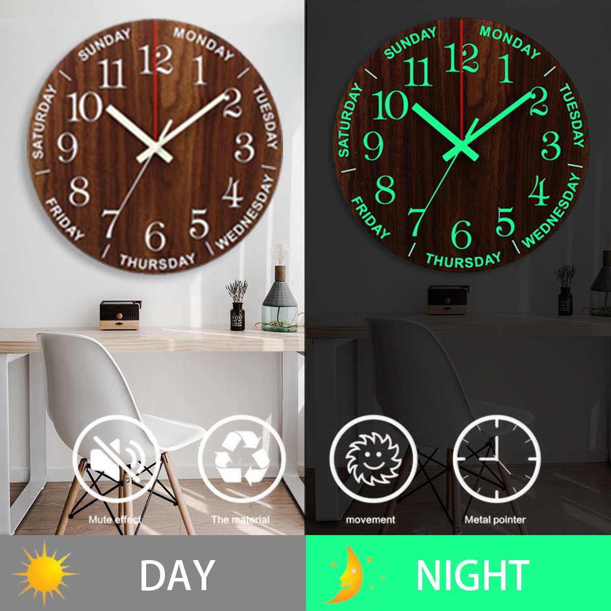 Quiet Modern Wooden LED Wall Clock