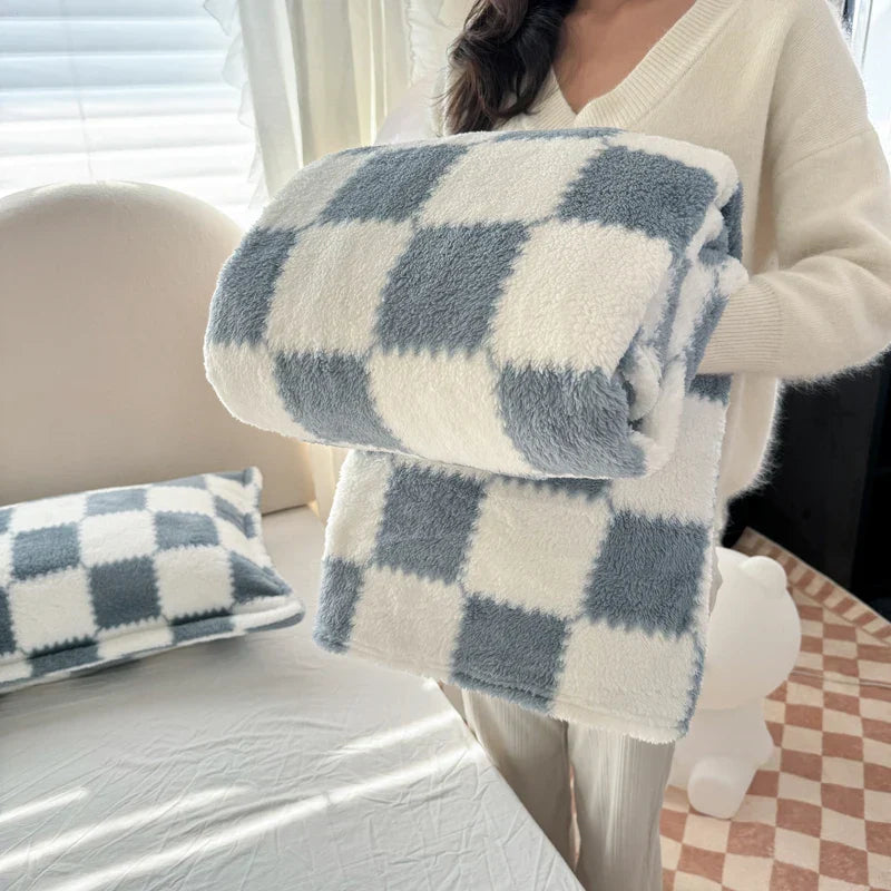 Cozy Plush Throw Blanket with Pink Checks
