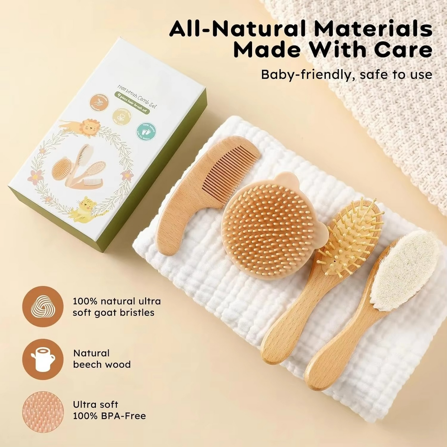 Gentle Wood Baby Hair Brush and Comb Set with Soft Bristles