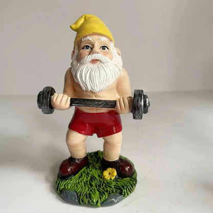 Quirky Garden Gnome Resin Statue Weightlifter Decor