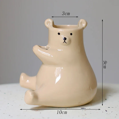 Cute Bear Figurine with Flower Pot