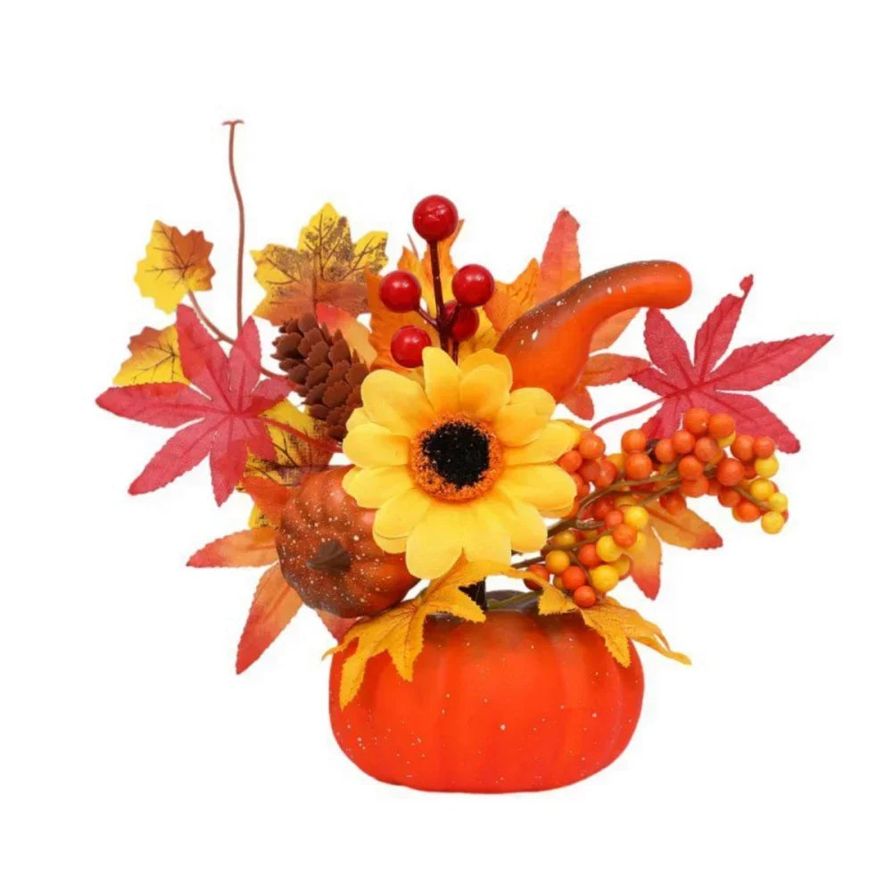 Fall Decorative Pumpkin with Fake Flowers Vase