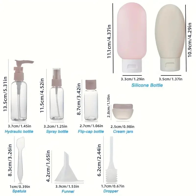 Portable 11pc Travel Cosmetic Kit | Leakproof Refillable Bottles