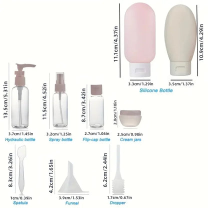 Portable 11pc Travel Cosmetic Kit | Leakproof Refillable Bottles