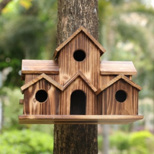 Rustic Wooden Bird Feeder with 6 Holes for Outdoor Garden