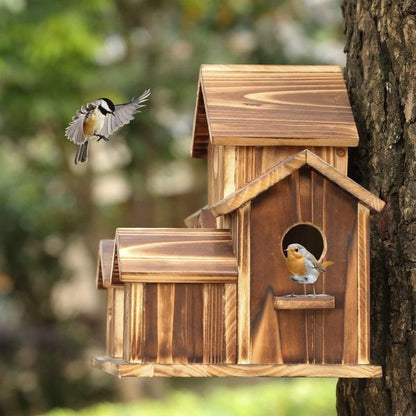Rustic Wooden Bird Feeder with 6 Holes for Outdoor Garden