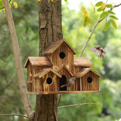 Rustic Wooden Bird Feeder with 6 Holes for Outdoor Garden - Befez