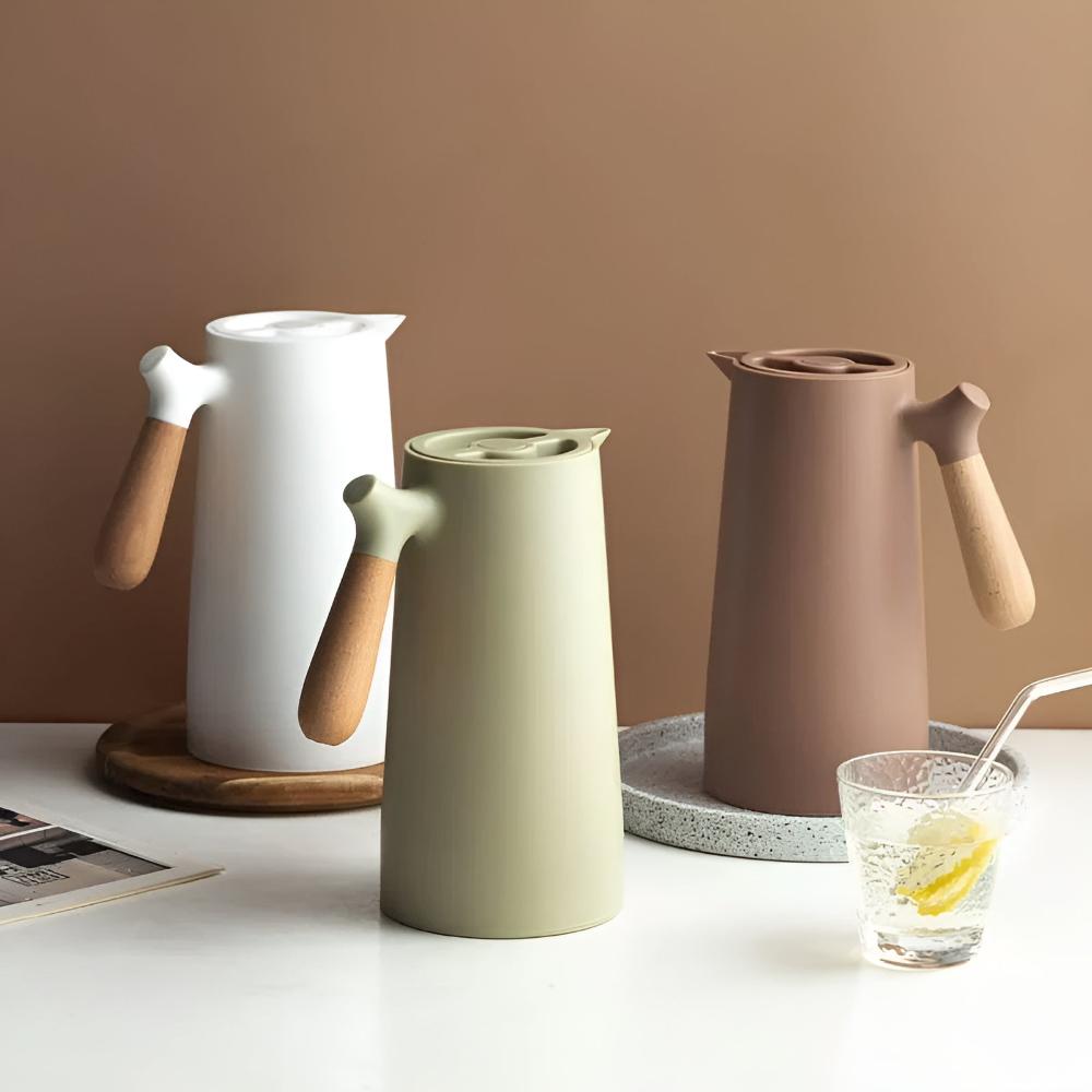 Thermal Carafe with Wood Grip | Insulated Flask for Tea Coffee