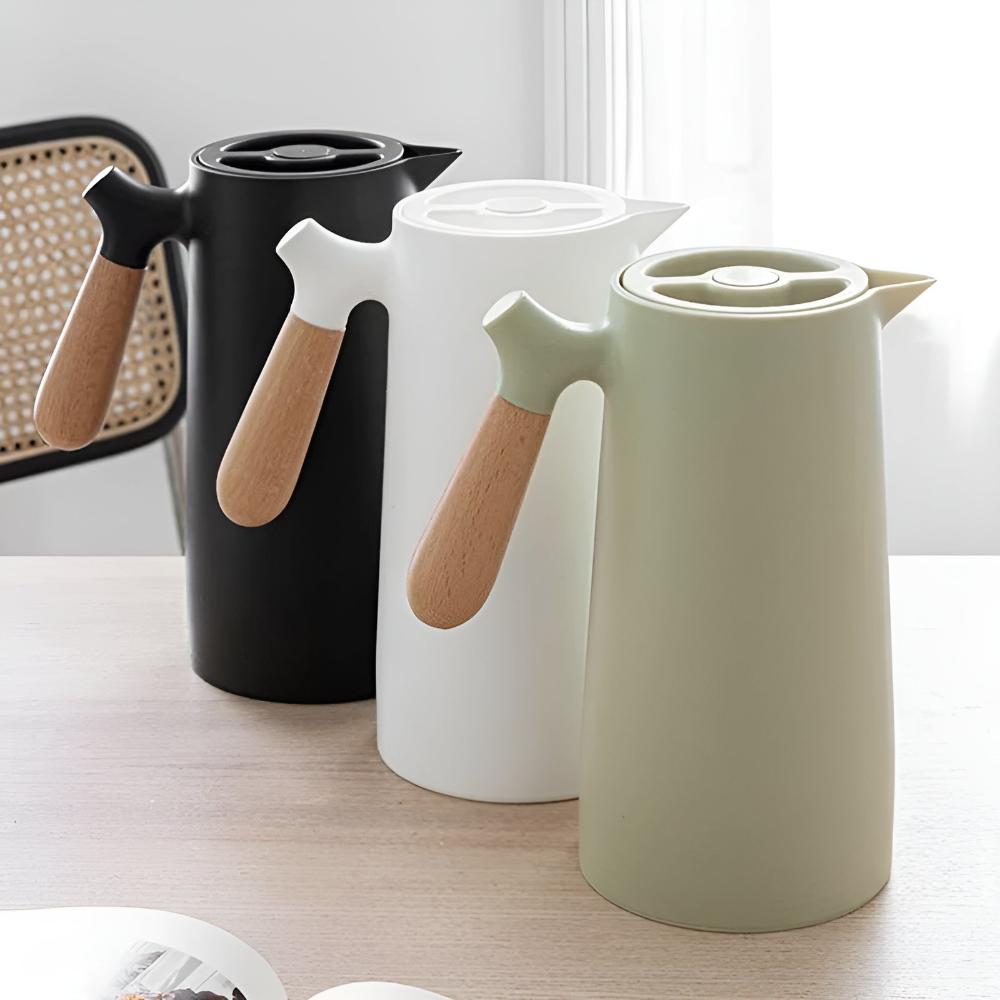 Thermal Carafe with Wood Grip | Insulated Flask for Tea Coffee