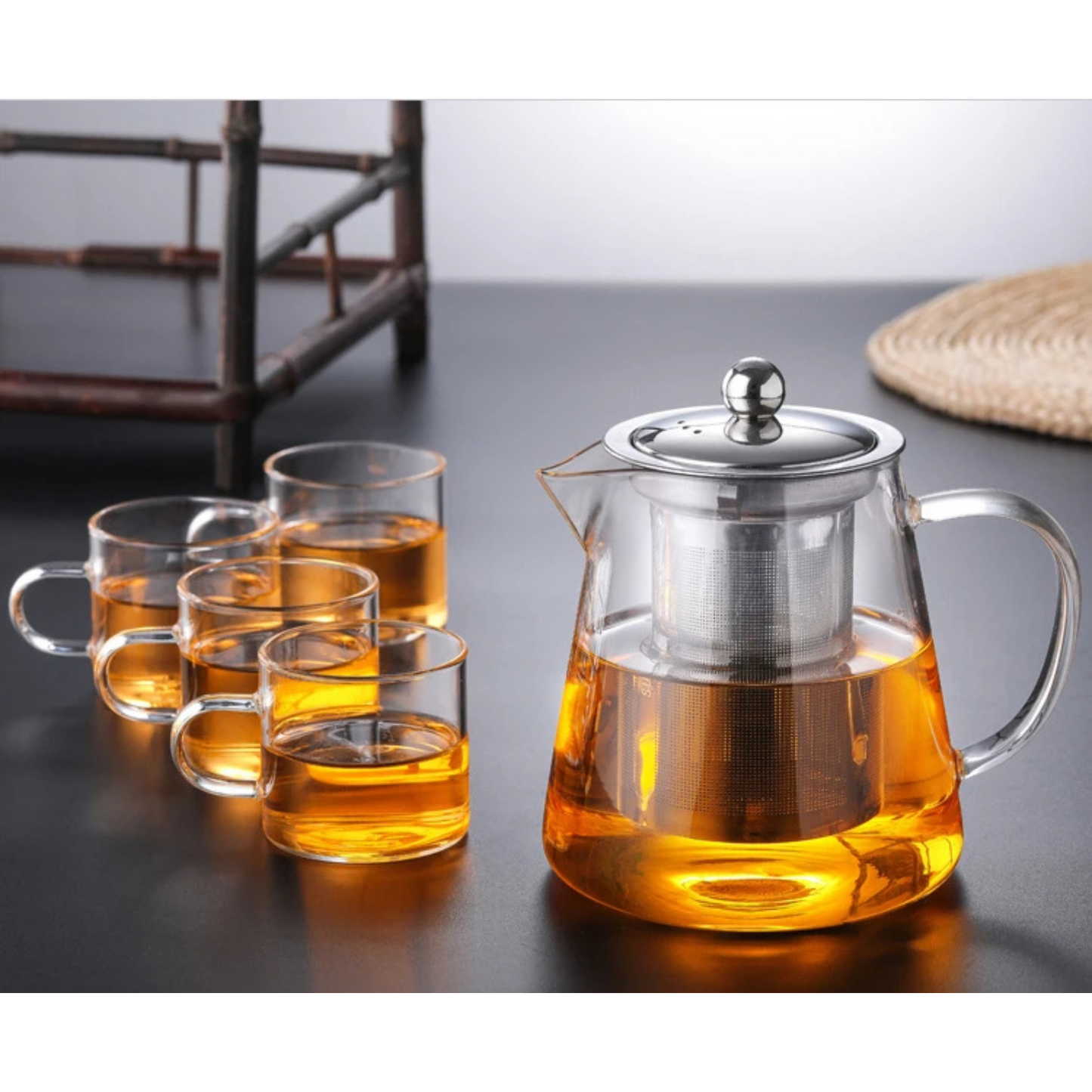 Premium Glass Teapot with Steel Infuser and Wood Lid