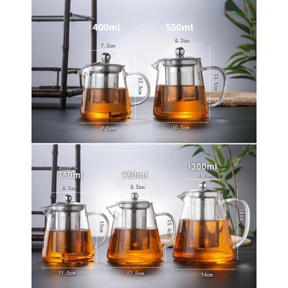 Premium Glass Teapot with Steel Infuser and Wood Lid