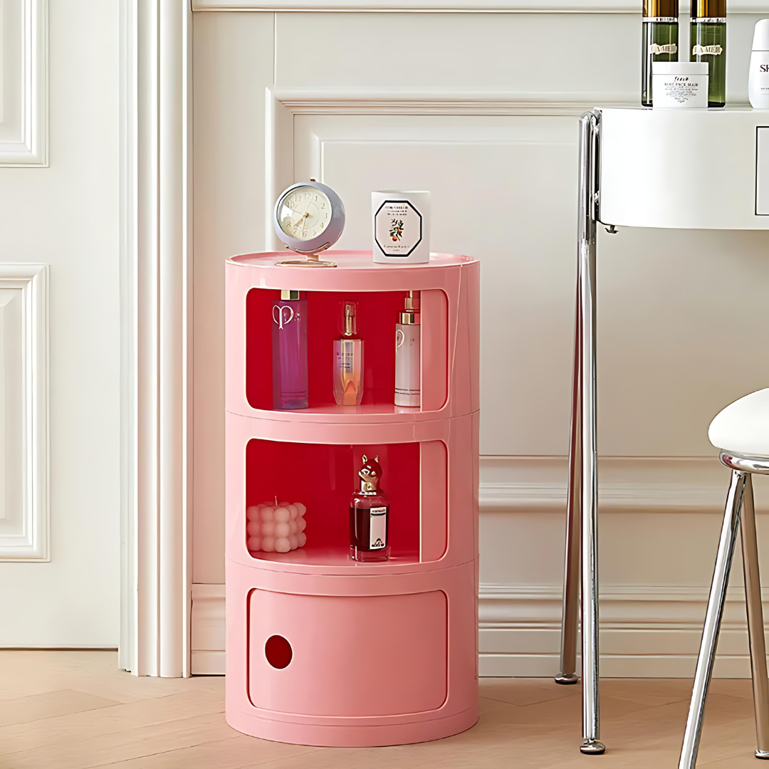 Compact Round End Table with Storage Bins