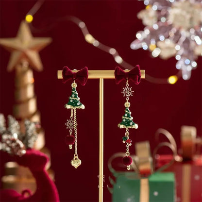 Befez | Christmas Tree Earrings - Green & Gold, Lightweight & Festive with Elegant Bow