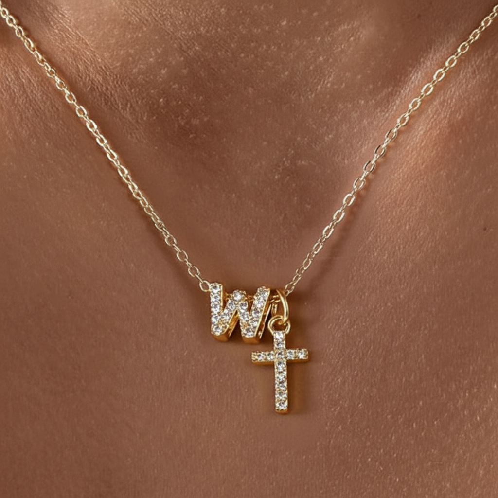 Delicate Initial and Cross Pendant Necklace