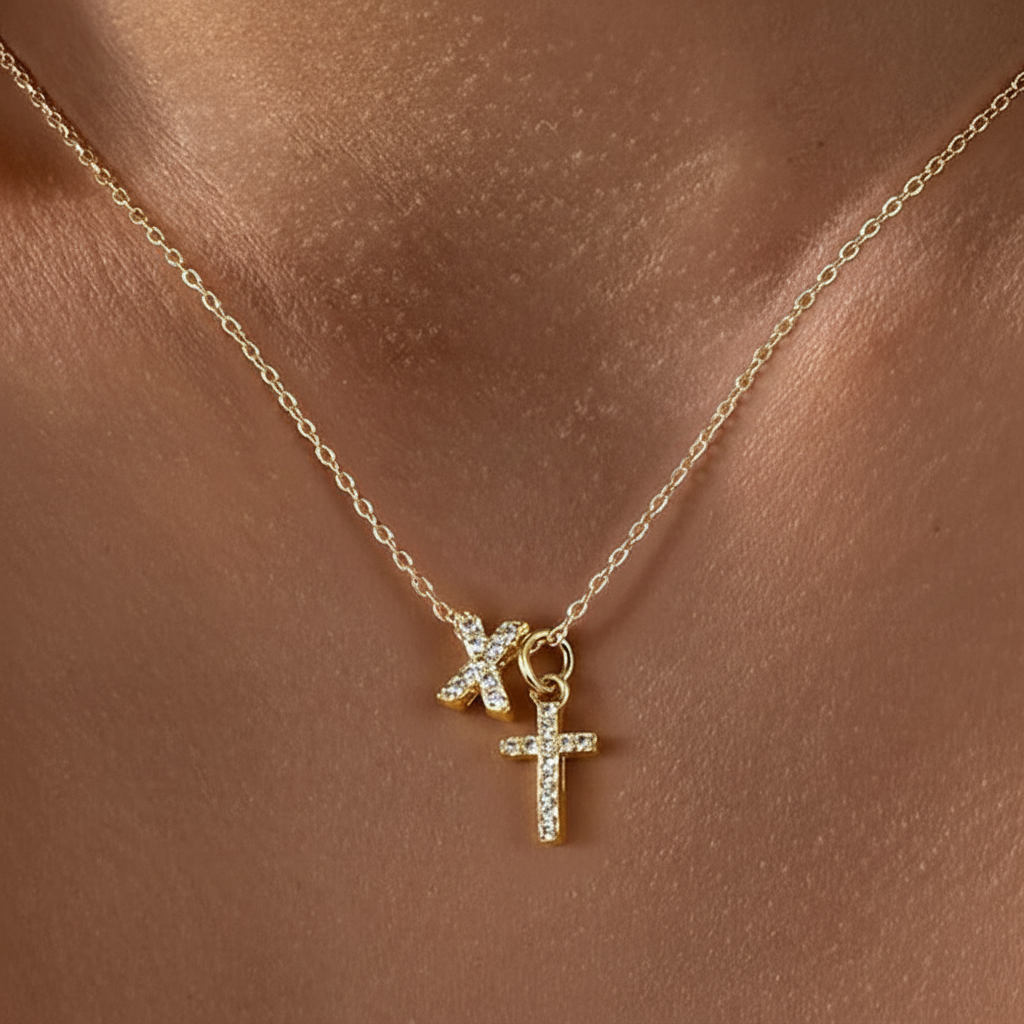 Delicate Initial and Cross Pendant Necklace