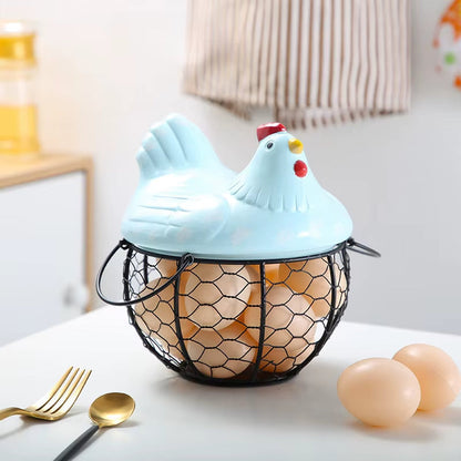 Farmhouse Ceramic Egg Container with Metal Basket