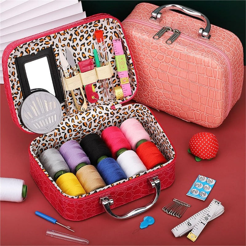 Compact Travel Sewing Kit in Leather Style Case
