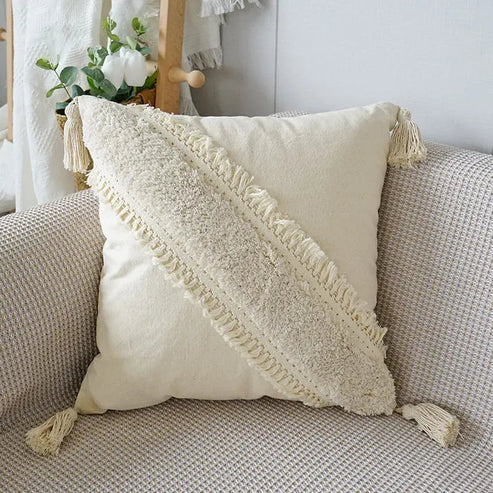 Stylish Textured Pillow with Tassel Trim - Befez