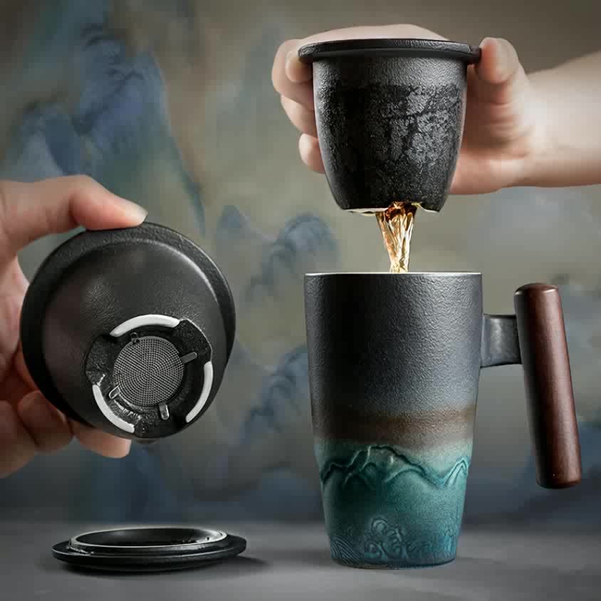 Vintage Tea Mug with Infuser and Wooden Grip