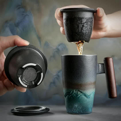 Vintage Tea Mug with Infuser and Wooden Grip