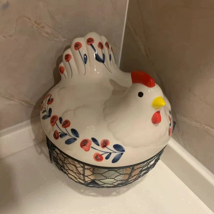 Farmhouse Ceramic Egg Container with Metal Basket