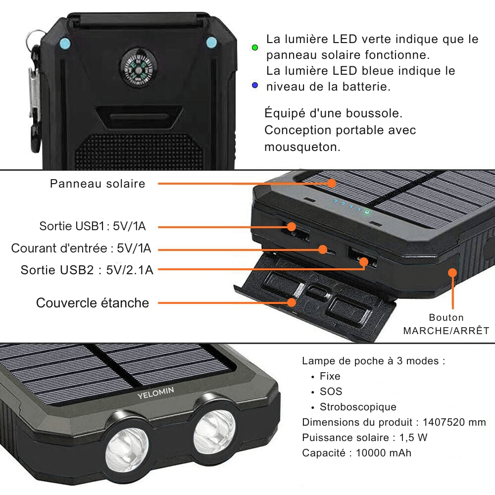 Durable Solar Powered 10,000mAh Waterproof Battery Pack