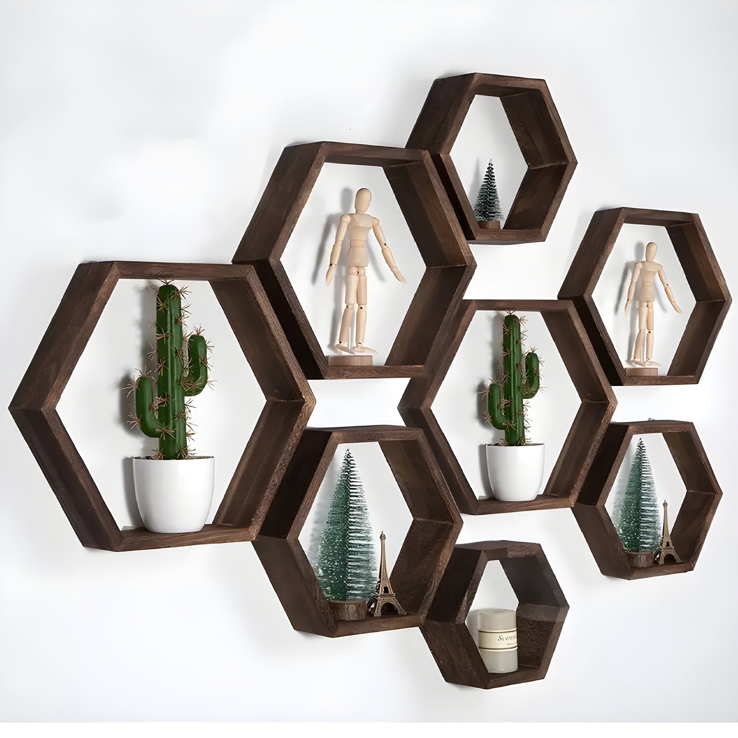 Rustic Wooden Wall Shelves 5 Piece Hexagon Set