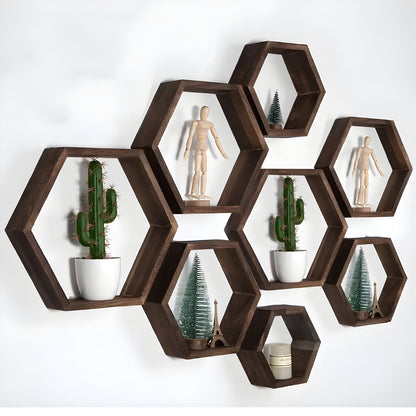Rustic Wooden Wall Shelves 5 Piece Hexagon Set