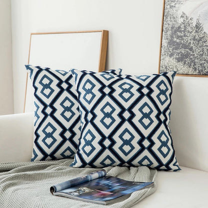Navy Blue Embroidered Accent Pillow with Floral Design