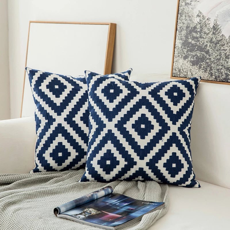 Navy Blue Embroidered Accent Pillow with Floral Design