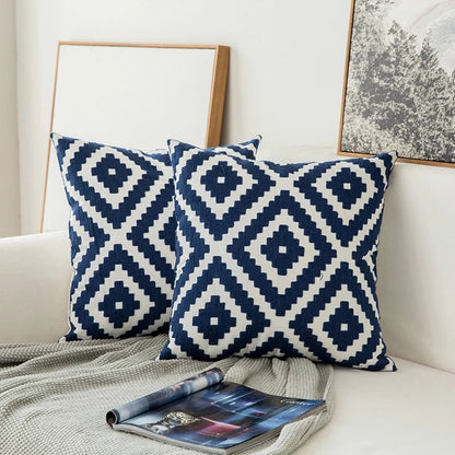 Navy Blue Embroidered Accent Pillow with Floral Design