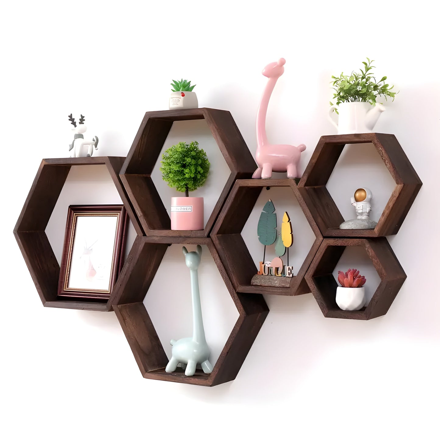 Rustic Wooden Wall Shelves 5 Piece Hexagon Set