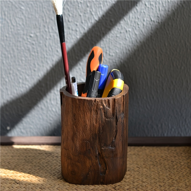Rustic Wood Desk Pen Holder - Natural Home Office Decor