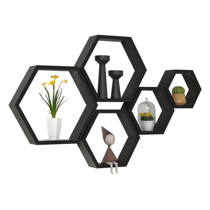 Rustic Wooden Wall Shelves 5 Piece Hexagon Set