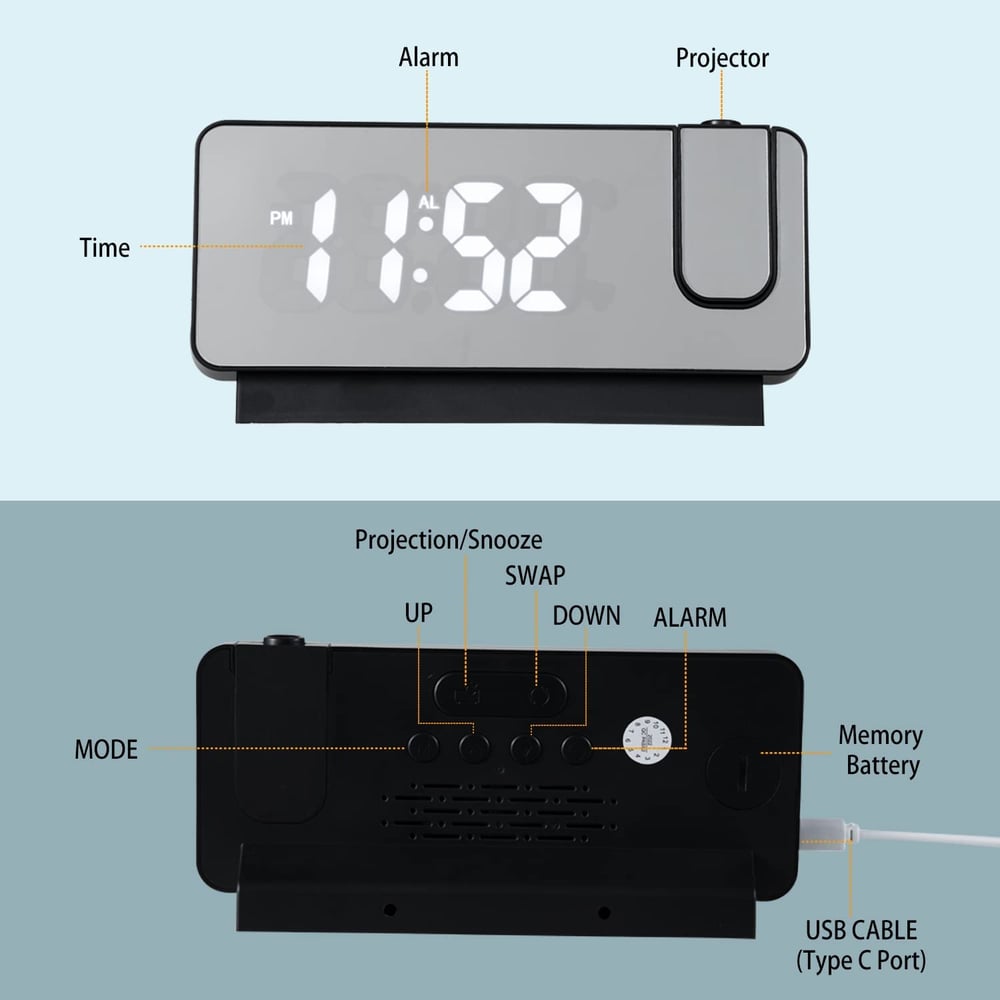 Compact LED Projection Clock with Dual Alarms