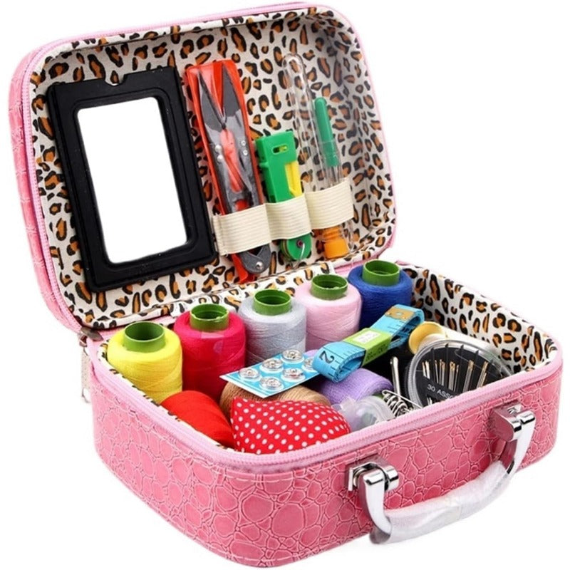 Compact Travel Sewing Kit in Leather Style Case