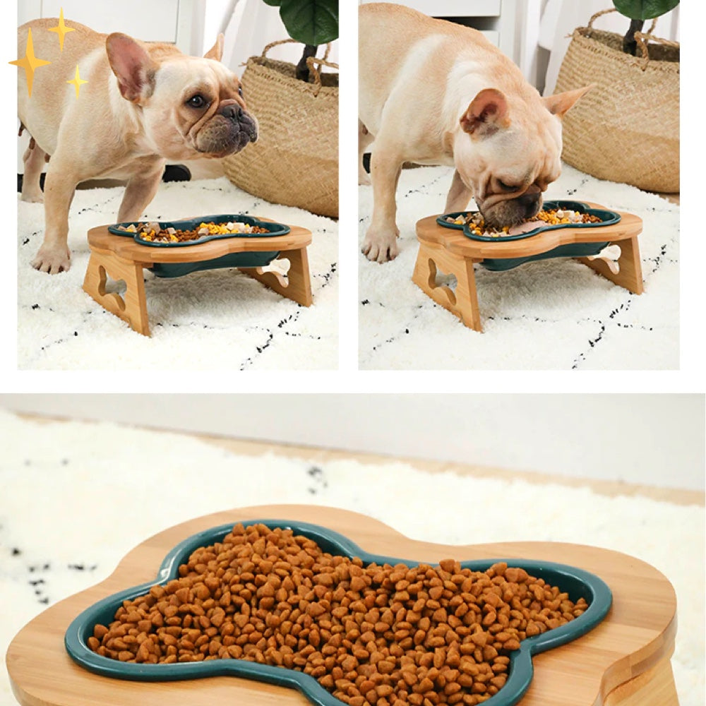 Pet Wooden Elevated Ceramic Dog Food Dish