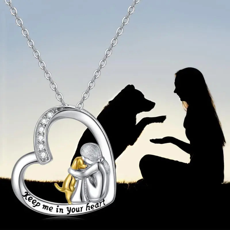 Shiny Heart Dog Pendant Necklace with Sparkling Stone