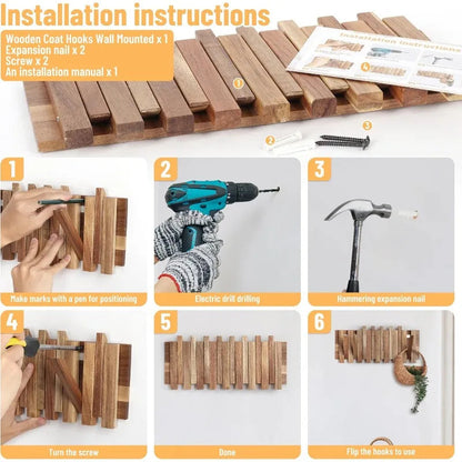 Traditional Wooden Coat Hook Rack with 8 Hooks
