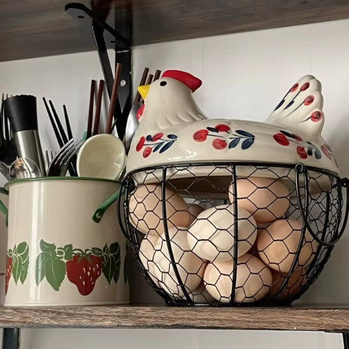 Farmhouse Ceramic Egg Container with Metal Basket