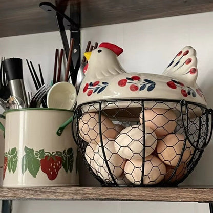 Farmhouse Ceramic Egg Container with Metal Basket