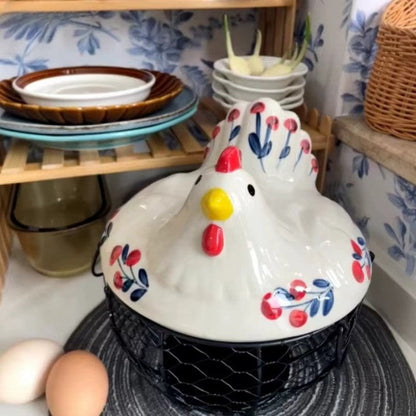 Farmhouse Ceramic Egg Container with Metal Basket
