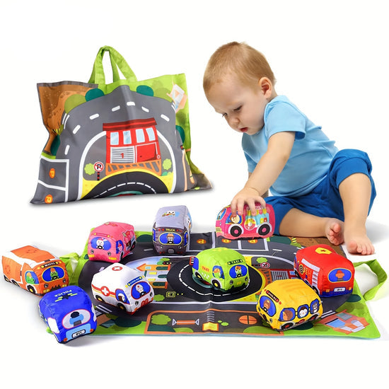 Soft 2-in-1 Plush Car Toy Set with Play Mat