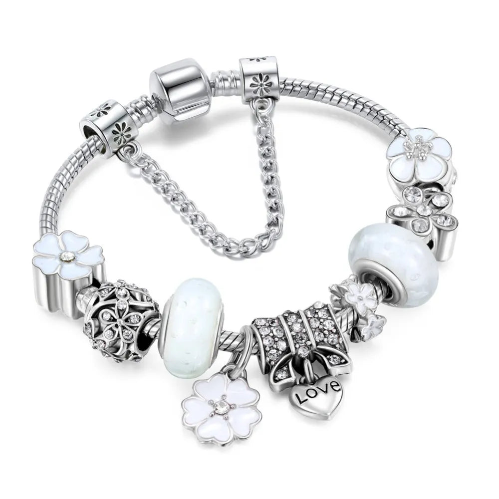 Beautiful Flower Silver Charm Bracelet for Women