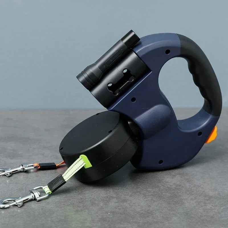 Reflective Double Dog Leash with LED Light and Pouch