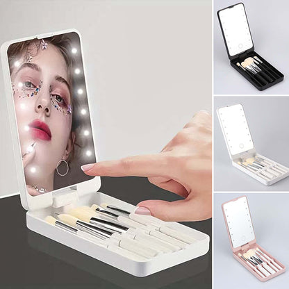 Portable Makeup Brush Kit with LED Mirror