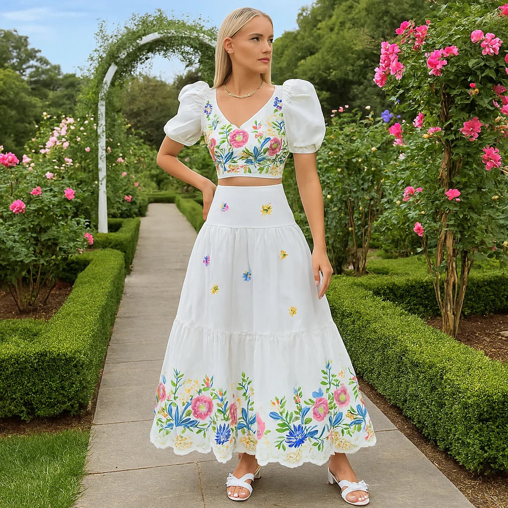 Ladies Floral Off Shoulder Crop Top and Tiered Skirt Set - Befez