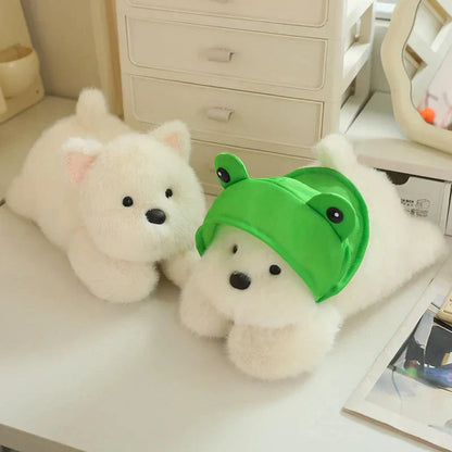 Cute White Maltese Plush Toy with Fun Frog Hat