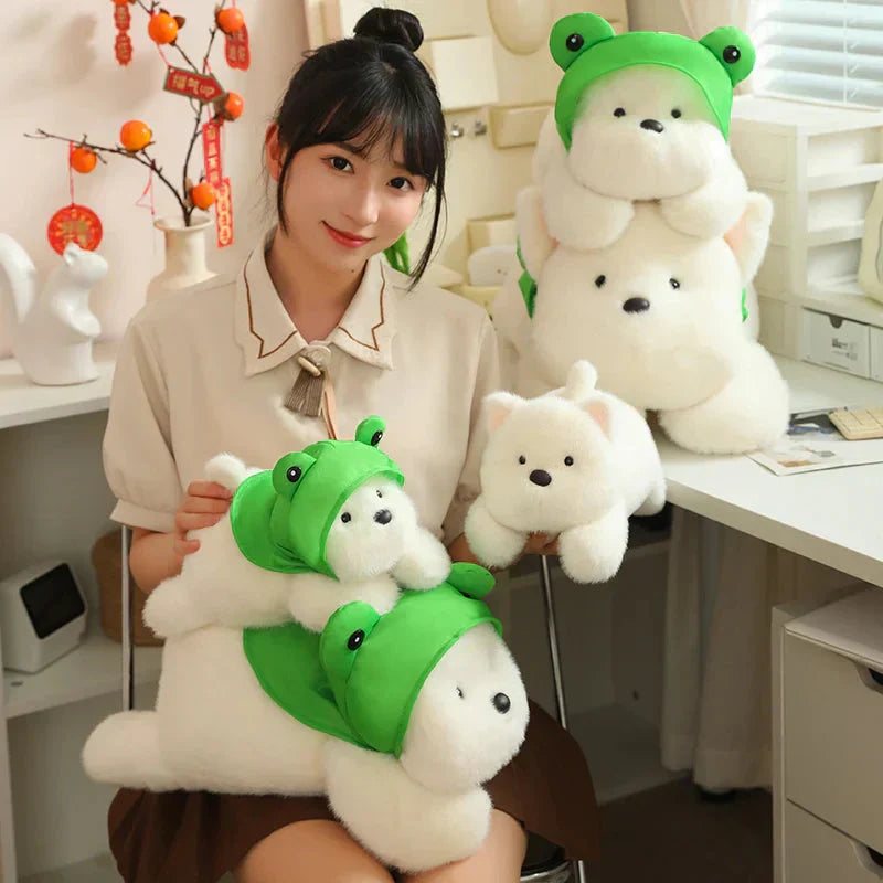 Cute White Maltese Plush Toy with Fun Frog Hat