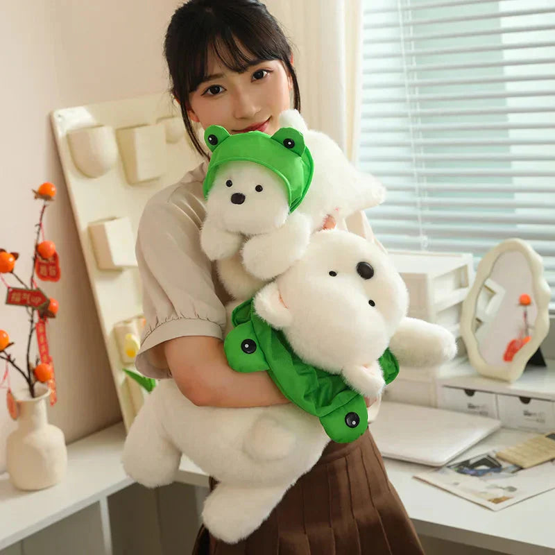 Cute White Maltese Plush Toy with Fun Frog Hat